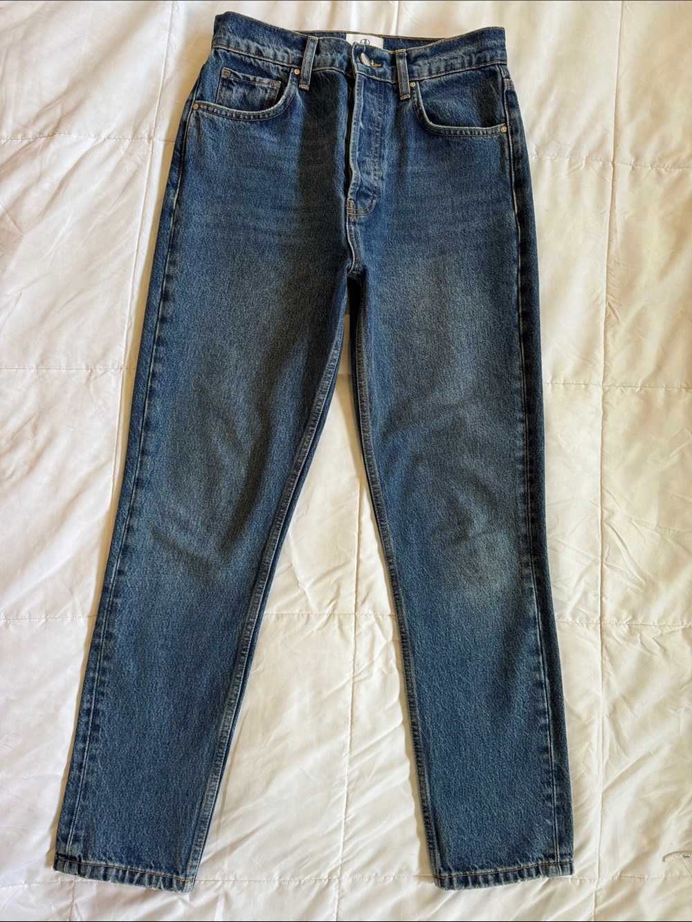Anine Bing Sonya High Rise Ankle Slim Mid Indigo Button Fly